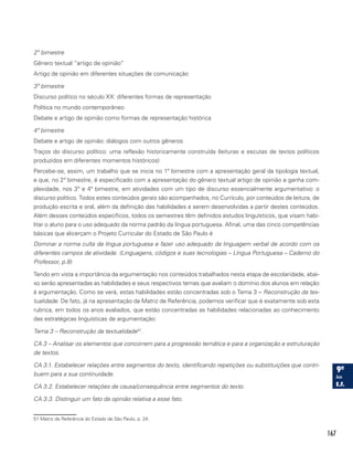 167
2º bimestre
Gênero textual “artigo de opinião”
Artigo de opinião em diferentes situações de comunicação
3º bimestre
Discurso político no século XX: diferentes formas de representação
Política no mundo contemporâneo
Debate e artigo de opinião como formas de representação histórica
4º bimestre
Debate e artigo de opinião: diálogos com outros gêneros
Traços do discurso político: uma reflexão historicamente construída (leituras e escutas de textos políticos
produzidos em diferentes momentos históricos)
Percebe-se, assim, um trabalho que se inicia no 1º bimestre com a apresentação geral da tipologia textual,
e que, no 2º bimestre, é especificado com a apresentação do gênero textual artigo de opinião e ganha com-
plexidade, nos 3º e 4º bimestre, em atividades com um tipo de discurso essencialmente argumentativo: o
discurso político. Todos estes conteúdos gerais são acompanhados, no Currículo, por conteúdos de leitura, de
produção escrita e oral, além da definição das habilidades a serem desenvolvidas a partir destes conteúdos.
Além desses conteúdos específicos, todos os semestres têm definidos estudos linguísticos, que visam habi-
litar o aluno para o uso adequado da norma padrão da língua portuguesa. Afinal, uma das cinco competências
básicas que alicerçam o Projeto Curricular do Estado de São Paulo é
Dominar a norma culta da língua portuguesa e fazer uso adequado da linguagem verbal de acordo com os
diferentes campos de atividade. (Linguagens, códigos e suas tecnologias – Língua Portuguesa – Caderno do
Professor, p.8)
Tendo em vista a importância da argumentação nos conteúdos trabalhados nesta etapa de escolaridade, abai-
xo serão apresentadas as habilidades e seus respectivos temas que avaliam o domínio dos alunos em relação
à argumentação. Como se verá, estas habilidades estão concentradas sob o Tema 3 – Reconstrução da tex-
tualidade. De fato, já na apresentação da Matriz de Referência, podemos verificar que é exatamente sob esta
rubrica, em todos os anos avaliados, que estão concentradas as habilidades relacionadas ao conhecimento
das estratégicas linguísticas de argumentação:
Tema 3 – Reconstrução da textualidade51
.
CA 3 – Analisar os elementos que concorrem para a progressão temática e para a organização e estruturação
de textos.
CA 3.1. Estabelecer relações entre segmentos do texto, identificando repetições ou substituições que contri-
buem para a sua continuidade.
CA 3.2. Estabelecer relações de causa/consequência entre segmentos do texto.
CA 3.3. Distinguir um fato da opinião relativa a esse fato.
51 Matriz de Referência do Estado de São Paulo, p. 24.	
 