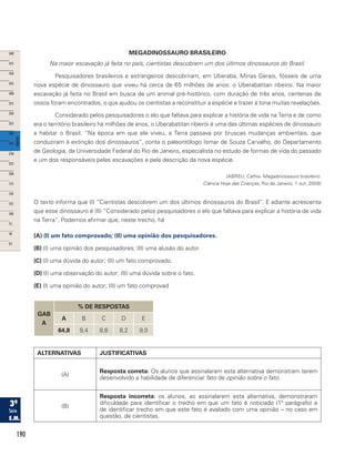 190
MEGADINOSSAURO BRASILEIRO
Na maior escavação já feita no país, cientistas descobrem um dos últimos dinossauros do Brasil.
Pesquisadores brasileiros e estrangeiros descobriram, em Uberaba, Minas Gerais, fósseis de uma
nova espécie de dinossauro que viveu há cerca de 65 milhões de anos: o Uberabatitan ribeiroi. Na maior
escavação já feita no Brasil em busca de um animal pré-histórico, com duração de três anos, centenas de
ossos foram encontrados, o que ajudou os cientistas a reconstituir a espécie e trazer à tona muitas revelações.
Considerado pelos pesquisadores o elo que faltava para explicar a história de vida na Terra e de como
era o território brasileiro há milhões de anos, o Uberabatitan ribeiroi é uma das últimas espécies de dinossauro
a habitar o Brasil. “Na época em que ele viveu, a Terra passava por bruscas mudanças ambientais, que
conduziram à extinção dos dinossauros”, conta o paleontólogo Ismar de Souza Carvalho, do Departamento
de Geologia, da Universidade Federal do Rio de Janeiro, especialista no estudo de formas de vida do passado
e um dos responsáveis pelas escavações e pela descrição da nova espécie.
(ABREU, Cathia. Megadinossauro brasileiro.
Ciência Hoje das Crianças, Rio de Janeiro, 1 out. 2008)
O texto informa que (I) “Cientistas descobrem um dos últimos dinossauros do Brasil”. E adiante acrescenta
que esse dinossauro é (II) “Considerado pelos pesquisadores o elo que faltava para explicar a história de vida
na Terra”. Podemos afirmar que, neste trecho, há
(A) (I) um fato comprovado; (II) uma opinião dos pesquisadores.
(B) (I) uma opinião dos pesquisadores; (II) uma alusão do autor.
(C) (I) uma dúvida do autor; (II) um fato comprovado.
(D) (I) uma observação do autor; (II) uma dúvida sobre o fato.
(E) (I) uma opinião do autor; (II) um fato comprovad
GAB
A
% DE RESPOSTAS
A B C D E
64,8 9,4 8,6 8,2 9,0
ALTERNATIVAS JUSTIFICATIVAS
(A)
Resposta correta: Os alunos que assinalaram esta alternativa demonstram terem
desenvolvido a habilidade de diferenciar fato de opinião sobre o fato.
(B)
Resposta incorreta: os alunos, ao assinalarem esta alternativa, demonstraram
dificuldade para identificar o trecho em que um fato é noticiado (1º parágrafo) e
de identificar trecho em que este fato é avaliado com uma opinião – no caso em
questão, de cientistas.
 