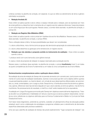 228
critérios contidos na planilha de correção, em especial, no que se refere ao atendimento de tema e gênero
solicitados na proposta.
•	 Redação Anulada (A)
Esse critério se aplica quando o aluno utilizou o espaço indicado para a redação, para se expressar por meio
de sinais gráficos ou desenhos (sem a tentativa de um registro escrito), palavras ofensivas, frases de protesto
ou em outra língua que não a portuguesa. Nesses casos, o corretor deve assinalar, na planilha de correção, o
campo (A).
•	 Redação em Registro Não Alfabético (RNA)
Esse critério se aplica quando o aluno ainda tem hipótese de escrita não alfabética. Nesses casos, o corretor
deve assinalar, na planilha de correção, o campo (RNA).
Para a utilização desse critério, há duas possibilidades que devem ser consideradas:
1. o aluno utiliza letras, mas a forma como as agrupa não demonstra apropriação do sistema de escrita;
2. o aluno utiliza desenhos ou garatujas como tentativa de um registro escrito.
•	 Redação que não atendeu à proposta contida no instrumento de avaliação – Esse critério se aplica
quando o aluno:
1. produziu texto com outro tema e/ou outro gênero textual;
2. copiou o texto da proposta de redação no espaço reservado para a produção escrita.
Nesses casos, o professor deve assinalar, na planilha de correção, o campo Insuficiente (nível 1), em todas
as quatro competências do Ensino Fundamental ou em todas as cinco competências do Ensino Médio.
Esclarecimentos complementares sobre a aplicação desse critério:
Na avaliação da prova de redação do Saresp não há previsão de textos com conceito zero, como ocorre normal-
mente em outros tipos de avaliação (vestibulares, exames e concursos) que têm como objetivo definir quantos
e quais participantes podem, ou mesmo devem, em virtude de seus desempenhos diferenciados, ser promovi-
dos; ou, ainda, contemplados, com o cargo ou título. Dessa forma, o 0 atribuído ao texto fora do tema ou gênero,
visa, apenas, diferenciar esse tipo de texto daquele em que o aluno atendeu ao tema ao gênero, mas de forma
insuficiente. No processamento do resultado, o nível 0 e o nível1 serão tratados de forma equivalente.
A avaliação em Língua Portuguesa promovida pelo Saresp tem objetivos essencialmente diagnósticos. Trata-
se de aferir as competências e habilidades em leitura e escrita que os alunos puderam desenvolver, toman-
do-se como referências os objetivos definidos para os Ensinos Fundamental e Médio no Currículo da Rede
Estadual de Ensino.
Com base nesse diagnóstico, pretende-se, portanto, subsidiar um planejamento eficaz da educação pública
estadual, assim como a elaboração de estratégias e programas voltados para o atendimento de demandas
específicas detectadas pelo processo avaliatório.
Uma vez que a planilha de avaliação do Saresp não prevê explícitamente “fuga à proposta de redação” nas
 