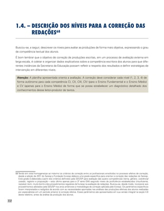 232
1.4. – Descrição Dos Níveis para a Correção das
Redações68
Buscou-se, a seguir, descrever os níveis para avaliar as produções de forma mais objetiva, expressando o grau
de competência textual dos alunos.
É bom lembrar que o objetivo de correção de produções escritas, em um processo de avaliação externa em
larga escala, é coletar e organizar dados explicativos sobre a competência escritora dos alunos para que dife-
rentes instâncias da Secretaria da Educação possam refletir a respeito dos resultados e definir estratégias de
intervenção em diferentes níveis.
Atenção: A planilha apresentada orienta a avaliação. A correção deve considerar cada nível (1, 2, 3, 4) de
forma autônoma para cada competência CI, CII, CIII, CIV (para o Ensino Fundamental e o Ensino Médio)
e CV (apenas para o Ensino Médio) de forma que se possa estabelecer um diagnóstico detalhado dos
conhecimentos desse leitor-produtor de textos.
68 Tendo em vista homogeneizar ao máximo os critérios de correção entre os profissionais envolvidos no processo efetivo de correção,
desde a edição de 2011 do Saresp a Fundação Vunesp elabora uma grade específica para orientar a correção das redações do Saresp.
Esta grade é elaborada a partir dos critérios definidos pela SEE/SP para avaliação das quatro competências (tema, gênero, coerência/
coesão, registro e proposição – esta última apenas para a 3ª série EM) segundo níveis de proficiência estabelecidos (insuficiente,
razoável, bom, muito bom) e dos procedimentos regulares daVunesp na avaliação de redações. Buscou-se, desde modo, incorporar aos
procedimentos adotados pela SEE/SP nos anos anteriores a metodologia de correção aplicada pela Vunesp. Os parâmetros específicos
foram interpretados e redigidos de acordo com as necessidades apontadas nas análises das produções efetivas dos alunos realizadas
por especialistas em um período anterior à correção efetiva. Esses parâmetros são apresentados em sua versão integral na seção 4.6
deste relatório, antes da análise da produção dos alunos.
 