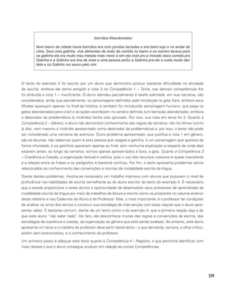 249
barrcãos Abandonados
Num biarro de cidade havia barrcãos era com porotas lacradas e era bemi sujo e no andar de
cima, Sera uma gatinha, vive alimentao de resto de comida no bairro e os menino tacava pera
na gatinha ela era muito mau tratada mais meso a sim ela vivia pro p morado dava comida pra
Gatinha e a Gatinha era lina de mais e uma pessoa peGu a Gatinha pra ele e cuidu muito den
dela e os Gatinho soi sauvo pelo omi.
O texto do exemplo 4 foi escrito por um aluno que demonstra possuir bastante dificuldade na atividade
de escrita: embora ele tenha atingido a nota 3 na Competência 1 – Tema, nas demais competências lhe
foi atribuída a nota 1 – Insuficiente. O aluno atendeu parcialmente à tarefa solicitada: em sua narrativa, são
considerados, ainda que parcialmente, os personagens definidos pela introdução (a gata Sara, embora seus
filhotes apareçam apenas no final da história, e também foi introduzido personagem humano, que pega os
gatos abandonados para criar) e as ações acontecem no cenário definido (um barracão abandonado), embora
o detonador da problemática (o incêndio) tenha sido ignorado. Por isso, sua nota em tema foi 3. Quanto à
Competência 2 – Gênero, o aluno não demonstra conhecimento das regras da narrativa: não há clímax (como
já dito, nem mesmo o incêndio apresentado como detonador da problemática) e, por isso, o texto não pode
ser considerado uma narrativa de aventura. Outro problema apresentado, que justifica a nota 1 em gênero,
são as lacunas: não sabemos quem é esta pessoa que resgata a gatinha, é um personagem que aparece de
forma infundada, e os gatinhos aparecem apenas ao final, sem nenhuma explicação a respeito de onde eles
estavam antes: ao longo da narrativa, somos apenas apresentados à Sara, a gata. Quanto à Competência 3
– Coerência e Coesão, a organização textual é caótica, pois o uso dos recursos coesivos é quase inexistente
e a relação entre as frases e os parágrafos é bastante confusa. Por fim, o texto apresenta problemas sérios
relacionados ao conhecimento das convenções e normas da modalidade escrita da língua.
Diante destes problemas, mostra-se necessário um trabalho intensivo com alunos que possuem o nível de
proficiência nas habilidades de escrita semelhante ao do aluno escritor do texto do exemplo 4. É necessário
que a escola proporcione a estes alunos a oportunidade de desenvolver seus processos de aprendizado da
modalidade escrita da língua por meio de trabalhos de leitura e escrita como os propostos no volume anterior
deste relatório e nos Cadernos do Aluno e do Professor. Mas, o mais importante, é o professor ter condições
de analisar os erros dos alunos e construir sua estratégia de intervenção com base naquilo que o aluno apre-
sentar saber. É bastante comum, diante de um texto como o do exemplo 4, que a primeira reação seja a de
que este aluno “não sabe nada”. De fato, ele desconhece muitas das regras e convenções da escrita, das
estratégias de coerência e coesão, da organização do gênero que está sendo avaliado. No entanto, este aluno
apresenta um texto e o trabalho do professor deve partir deste texto – o que demanda, sempre, o olhar crítico,
porém sem preconceitos, e o conhecimento do professor.
Um primeiro passo é adequar este texto quanto à Competência 4 – Registro, o que permitirá identificar com
mais clareza o que o aluno consegue produzir em relação às outras Competências.
 
