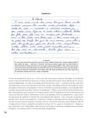 256
EXEMPLO 6
A ínternet
É uma coisa muito boa mais tem que toma muito cuidado porque tem muitos reides proibida
tipo saites de sexo.... meninos e meninas menores ja asesa esses tipo de reide então a
internet tanben foi feita para fala com os amigos pela facebook MSN i otros saites mais toudo
isso é bom mais não pode passa do limite tem que tre um horario para entra e sair tem gente
que fica na frente do conputador O dia inteiro isso não pode acontece por que elem diço não
se alinmento dereito fica com o vistas camlsadas.
O texto do exemplo 6 foi escrito por um aluno que demonstra possuir bastante dificuldade na atividade de
escrita: O texto do exemplo 6 foi escrito por um aluno que demonstra possuir sérias deficiências em seu pro-
cesso de alfabetização: em todas as competências lhe foi atribuída a nota 1 – Insuficiente. De fato, este aluno
não desenvolveu o tema como solicitado (o que indica, também, dificuldades de leitura): ele tangencia o tema,
pois apesar de falar sobre computadores e internet, não aborda a questão da proteção ou da privacidade relati-
va à ação de pais sobre seus filhos. Quanto à Competência 2 – Gênero, o aluno não demonstra conhecimento
das marcas genéricas que constituem um artigo de opinião: não há introdução ao tema a ser discutido (é uma
coisa muito boa não introduz, efetivamente, o tema a ser abordado, afinal, nos perguntamos: o que é bom?
Os dispositivos de vigilância? A internet? Os computadores? Não sabemos...) nem conclusão, há apenas de-
senvolvimento. Quanto à Competência 3 – Coerência e Coesão, a organização textual é bastante frágil, pois o
uso dos recursos coesivos é precário, tornando o texto é uma lista de comentário quase aleatórios, além de
a relação entre as frases e parágrafos ser bastante confusa. Por fim, quanto à Competência 4 – Registro, o
texto apresenta muitas inadequações relacionadas às convenções e normas da modalidade escrita da língua
(ortografia, concordância verbal e nominal, pontuação, paragrafação).
 