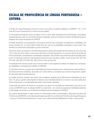 269
ESCALA DE proficiência de língua portuguesa –
leitura
A Escala de Língua Portuguesa (Leitura) é comum aos quatro anos/série avaliados no SARESP –: 5º, 7º e 9º
anos do Ensino Fundamental e 3ª série do Ensino Médio.
A construção da Escala de Leitura considera como os itens estão estatisticamente distribuídos, o texto-base
apresentado para a leitura e as tarefas de leitura realizadas, tendo por referência a Matriz de Referência para a
Avaliação de Língua Portuguesa do SARESP.
A Escala representa uma progressão continuada no domínio dos conteúdos competências e habilidades. Os
alunos situados em um ponto determinado dominam não só as habilidades associadas a esse ponto, mas
também as proficiências associadas a pontos anteriores.
Os pontos variam na escala em intervalos que possuem valores demarcados de 25 a 25 pontos, de menor que
125 a maior que 375. Cada um dos pontos descritos na Escala representa um conjunto não só de tarefas de
leitura (conteúdos, competências e habilidades) realizadas, mas também de proficiências demonstradas pelos
alunos. A Escala de Leitura foi interpretada em pontos e seus intervalos, a saber: menor do que 125, 125, 150,
175, 200, 225, 250, 275, 300, 325, 350 e 375 ou maior do que 375.
A Escala permite conhecer aquilo que os alunos sabem e são capazes de realizar em relação aos conteúdos,
às habilidades e competências avaliados no SARESP.
É importante retomar a questão da complexidade dos textos propostos para a realização das tarefas de leitura.
Os textos são mais complexos, de acordo com a faixa etária e o ano/série que os alunos frequentam, apesar
de não haver diferencial dos gêneros.
As tarefas de leitura também vão sendo mais complexas, exigindo graus diferentes de habilidades por ano/
série. Às vezes, quando o desempenho é descrito, dá a impressão de ele ser o mesmo, mas não é pelos dois
fatores diferenciais: a complexidade dos textos e das tarefas realizadas.
A descrição dos pontos da Escala foi construída com base nos resultados de desempenho dos alunos nas
provas do SARESP, a partir da edição de 2007 e, anualmente, vem sendo incorporada às habilidades avaliadas
a cada edição, de acordo com as Matrizes de Referência para Avaliação do SARESP.
Os quadros apresentados a seguir reúnem as informações sobre a classificação e descrição dos Níveis de
Proficiência do SARESP, os intervalos de pontuação que definem os Níveis de Proficiência de Língua Portuguesa
– Leitura e a Escala de Proficiências em Leitura, com a descrição das habilidades em cada um dos pontos.
 
