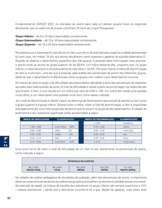 64
Fundamental do SARESP 2012, os intervalos de acerto para cada um desses grupos foram os seguintes
(lembrando que os cadernos de provas continham 24 itens de Língua Portuguesa):
Grupo Inferior – de 0 a 12 itens respondidos corretamente;
Grupo Intermediário – de 13 a 18 itens respondidos corretamente;
Grupo Superior – de 19 a 24 itens respondidos corretamente.
Percebe-se que o desempenho dos alunos no item que serviu de exemplo para organizar a tabela apresentada
foi bom, pois, em média, 74,4% dos alunos escolheram como resposta o gabarito da questão (alternativa C).
Quando se observa o desempenho específico dos três grupos, é possível obter informações mais precisas:
o acerto entre os alunos do grupo superior foi de 92,6%, um índice bastante alto, enquanto que, no grupo
inferior, o índice de acerto é consideravelmente mais baixo – 43,6%. Por esse motivo, o índice de discriminação
do item é muito bom, uma vez que é possível, pela análise dos percentuais de acerto dos diferentes grupos,
observar que o desempenho é diferenciado entre os grupos com melhor e pior desempenho na prova.
Os índices de discriminação e de dificuldade são propriedades calculadas a partir dos percentuais de respostas
apurados para cada questão da prova. O nível de dificuldade é obtido a partir da porcentagem de respondentes
que erraram o item, o que resulta em um índice que varia de 0,00 a 1,00. Um índice alto revela uma questão
muito difícil, e um índice baixo uma questão muito fácil, como abaixo indicado.
Já o nível de discriminação é obtido a partir da diferença de desempenho (percentual de acerto) no item entre
o grupo superior e o grupo inferior. Quanto maior o índice, maior o nível de discriminação: o item é respondido
acertadamente por uma maior proporção de alunos que se situam no grupo de alto desempenho. A relação de
parâmetros e seu respectivo significado estão apresentados a seguir.
ÍNDICE DE DIFICULDADE CLASSIFICAÇÃO ÍNDICE DE DISCRIMINAÇÃO CLASSIFICAÇÃO
 0,80 excelente
1,00 – 0,85 muito difícil (MD) 0,79 – 0,60 ótima
0,84 – 0,65 difícil (D) 0,59 – 0,40 muito boa
0,64 – 0,35 média (M) 0,39 – 0,20 boa
0,34 – 0,15 fácil (F) 0,19 – 0,10 fraca
0,14 – 0,00 muito fácil (MF)  0,10 muito fraca
Uma outra forma de tratar o nível de dificuldade de um item é usar diretamente os percentuais de acerto,
como indicado a seguir.
INTERVALO DE ACERTOS
86 a 100%
MUITO FÁCIL
66 a 85%
FÁCIL
36 a 65%
MÉDIO
16 a 35%
DIFÍCIL
0 a 15%
MUITO DIFÍCIL
No trabalho de análise pedagógica de resultados de avaliação, além dos percentuais de acerto, é importante
observarospercentuaisdealunosdosdiferentesgruposqueescolhemosdistratores(asalternativasincorretas).
No exemplo da tabela, os índices de escolha dos distratores no grupo inferior são sempre superiores a 13%
– índices expressivos – sendo que a alternativa incorreta A foi a que, depois do gabarito, mais atraiu esse
 