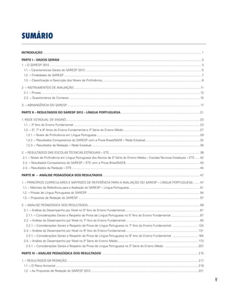 V
SUMÁRIO
INTRODUÇÃO........................................................................................................................................................................................... 1
PARTE I – DADOS GERAIS....................................................................................................................................................................... 3
1. – O SARESP 2012................................................................................................................................................................................... 3
1.1. – Características Gerais do SARESP 2012.......................................................................................................................................... 5
1.2. – Finalidades do SARESP.................................................................................................................................................................. 7
1.3. – Classificação e Descrição dos Níveis de Proficiência..................................................................................................................... 8
2. – INSTRUMENTOS DE AVALIAÇÃO......................................................................................................................................................11
2.1. – Provas........................................................................................................................................................................................... 13
2.2. – Questionários de Contexto.......................................................................................................................................................... 15
3. – ABRANGÊNCIA DO SARESP............................................................................................................................................................. 17
PARTE II – RESULTADOS DO SARESP 2012 – LÍNGUA PORTUGUESA.............................................................................................. 21
1. REDE ESTADUAL DE ENSINO............................................................................................................................................................. 23
1.1. – 3º Ano do Ensino Fundamental..................................................................................................................................................... 23
1.2. – 5º, 7º e 9º Anos do Ensino Fundamental e 3ª Série do Ensino Médio.......................................................................................... 27
1.2.1. – Níveis de Proficiência em Língua Portuguesa.......................................................................................................................... 29
1.2.2. – Resultados Comparativos do SARESP com a Prova Brasil/SAEB – Rede Estadual................................................................. 32
1.2.3. – Resultados da Redação – Rede Estadual................................................................................................................................ 35
2. – RESULTADOS DAS ESCOLAS TÉCNICAS ESTADUAIS – ETE........................................................................................................... 39
2.1. – Níveis de Proficiência em Língua Portuguesa dos Alunos da 3ª Série do Ensino Médio – Escolas Técnicas Estaduais – ETE....... 42
2.2. – Resultados Comparativos do SARESP – ETE com a Prova Brasil/SAEB........................................................................................ 43
2.3. – Resultados da Redação – ETE....................................................................................................................................................... 44
PARTE III – ANÁLISE PEDAGÓGICA DOS RESULTADOS................................................................................................................... 47
1. – PRINCÍPIOS CURRICULARES E MATRIZES DE REFERÊNCIA PARA A AVALIAÇÃO DO SARESP – LÍNGUA PORTUGUESA......... 47
1.1. – Matrizes de Referência para a Avaliação do SARESP – Língua Portuguesa.................................................................................... 51
1.2. – Provas de Língua Portuguesa do SARESP..................................................................................................................................... 54
1.3. – Propostas de Redação do SARESP................................................................................................................................................ 57
2. – ANÁLISE PEDAGÓGICA DOS RESULTADOS.................................................................................................................................... 59
2.1. – Análise do Desempenho por Nível no 5º Ano do Ensino Fundamental........................................................................................ 61
2.1.1. – Considerações Gerais a Respeito da Prova de Língua Portuguesa no 5º Ano do Ensino Fundamental .................................. 87
2.2. – Análise do Desempenho por Nível no 7º Ano do Ensino Fundamental........................................................................................ 93
2.2.1. – Considerações Gerais a Respeito da Prova de Língua Portuguesa no 7º Ano do Ensino Fundamental ............................... 124
2.3. – Análise do Desempenho por Nível no 9º Ano do Ensino Fundamental...................................................................................... 131
2.3.1. – Considerações Gerais a Respeito da Prova de Língua Portuguesa no 9º Ano do Ensino Fundamental ............................... 164
2.4. – Análise do Desempenho por Nível na 3ª Série do Ensino Médio............................................................................................... 173
2.4.1. – Considerações Gerais a Respeito da Prova de Língua Portuguesa na 3ª Série do Ensino Médio ........................................ 207
PARTE IV – ANÁLISE PEDAGÓGICA DOS RESULTADOS ................................................................................................................. 215
1. – RESULTADOS DA REDAÇÃO........................................................................................................................................................... 217
1.1. – O Plano Amostral........................................................................................................................................................................ 219
1.2. – As Propostas de Redação do SARESP 2012............................................................................................................................... 221
 