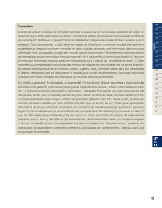83
Comentário
A tarefa de leitura (indicada no comando) solicitava a análise de um enunciado específico do texto, re-
querendo que o leitor retomasse sua leitura. O problema estava em recuperar no enunciado o referente
do pronome em destaque. O procedimento de estabelecer relações de coesão também envolve a com-
preensão. Para compreender, o leitor deve ser capaz de (re)construir o caminho traçado pelo escritor e
estabelecer as relações que foram marcadas no texto, ou seja, relacionar uma informação dada com outra
informação nova, introduzida, no caso, por meio do uso de um pronome. Provavelmente, esse mecanismo
de retomada de grupo nominal por forma pronominal não é de domínio da maioria dos leitores. O reconhe-
cimento dos elementos coesivos pode ser interessante para o estudo da “gramática do texto”. O leitor
reconstrói sua compreensão pela análise das marcas de relações de continuidade que os textos sugerem.
Os objetos referenciais do texto (pessoas, coisas, lugares, fatos, conceitos ideias etc.) são introduzidos
e, depois, retomados para se relacionarem à medida que o texto vai progredindo. Recursos linguísticos
utilizados com essa finalidade são chamados de recursos coesivos referenciais.
Em média, o gabarito D foi assinalado por apenas 46,7% dos alunos. Quando se analisa a distribuição das
respostas entre gabarito e distratores pelos grupos específicos de alunos – inferior, intermediário e supe-
rior – é possível apreender informações importantes. O distrator B foi aquele que mais atraiu alunos dos
três grupos, sendo que, no caso dos alunos do grupo inferior, o índice de opção por este distrator (31,8%)
é consideravelmente maior do que o índice de opção pelo gabarito D (22,5%). Deste modo, os altos per-
centuais de alunos atraídos por este distrator apontam que os alunos, de um modo geral, apresentam
dificuldades de leitura, sobretudo em relação aos processos de coesão referencial, quando um elemento
linguístico (forma referencial ou remissiva) retoma outro (elemento de referência) já presente no texto. O
grau de dificuldade dessa habilidade pode ser menor ou maior em função do número de antecedentes
possíveis para um termo, da distância dos antecedentes, da familiaridade do leitor com o assunto e gêne-
ro textual, da relevância da(s) informação(ões) que tem a considerar etc. Provavelmente, o problema dos
leitores que não assinalaram a alternativa correta foi a dificuldade em compreender o texto ou aquilo que
foi solicitado no comando.
 