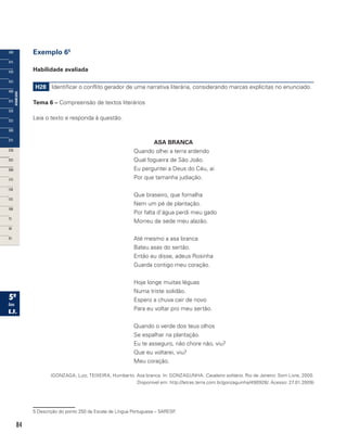 84
Exemplo 65
Habilidade avaliada
H28 Identificar o conflito gerador de uma narrativa literária, considerando marcas explícitas no enunciado.
Tema 6 – Compreensão de textos literários
Leia o texto e responda à questão.
ASA BRANCA
Quando olhei a terra ardendo
Qual fogueira de São João.
Eu perguntei a Deus do Céu, ai
Por que tamanha judiação.
Que braseiro, que fornalha
Nem um pé de plantação.
Por falta d’água perdi meu gado
Morreu de sede meu alazão.
Até mesmo a asa branca
Bateu asas do sertão.
Então eu disse, adeus Rosinha
Guarda contigo meu coração.
Hoje longe muitas léguas
Numa triste solidão.
Espero a chuva cair de novo
Para eu voltar pro meu sertão.
Quando o verde dos teus olhos
Se espalhar na plantação.
Eu te asseguro, não chore não, viu?
Que eu voltarei, viu?
Meu coração.
(GONZAGA, Luiz; TEIXEIRA, Humberto. Asa branca. In: GONZAGUNHA. Cavaleiro solitário. Rio de Janeiro: Som Livre, 2000.
Disponível em: http://letras.terra.com.br/gonzaguinha/490928/. Acesso: 27.01.2009)
5 Descrição do ponto 250 da Escala de Língua Portuguesa – SARESP.
 