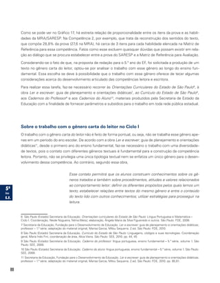 88
Como se pode ver no Gráfico 17, há estreita relação de proporcionalidade entre os itens da prova e as habili-
dades da MRA/SARESP. Na Competência 2, por exemplo, que trata da reconstrução dos sentidos do texto,
que compõe 28,8% da prova (27,6 na MRA), há cerca de 3 itens para cada habilidade elencada na Matriz de
Referência para essa competência. Fatos como esse excluem quaisquer dúvidas que possam existir em rela-
ção ao diálogo que se procura estabelecer entre a prova do SARESP e a Matriz de Referência para Avaliação.
Considerando-se o fato de que, na proposta de redação para o 5.º ano do EF, foi solicitada a produção de um
texto no gênero carta do leitor, optou-se por analisar o trabalho com esse gênero ao longo do ensino fun-
damental. Essa escolha se deve à possibilidade que o trabalho com esse gênero oferece de tecer algumas
considerações acerca do desenvolvimento articulado das competências leitora e escritora.
Para realizar essa tarefa, faz-se necessário recorrer às Orientações Curriculares do Estado de São Paulo6
, à
obra Ler e escrever: guia de planejamento e orientações didáticas7
, ao Currículo do Estado de São Paulo8
,
aos Cadernos do Professor9
e aos Cadernos do Aluno10
, materiais produzidos pela Secretaria de Estado da
Educação com a finalidade de fornecer parâmetros e subsídios para o trabalho em toda rede pública estadual.
Sobre o trabalho com o gênero carta do leitor no Ciclo I
O trabalho com o gênero carta do leitor não é feito de forma pontual, ou seja, não se trabalha esse gênero ape-
nas em um período do ano escolar. De acordo com a obra Ler e escrever: guia de planejamento e orientações
didáticas11
, desde o primeiro ano do ensino fundamental, faz-se necessário o trabalho com uma diversidade-
de textos, pois o contato com diferentes gêneros textuais é fundamental para a construção da competência
leitora. Portanto, não se privilegia uma única tipologia textual nem se enfatiza um único gênero para o desen-
volvimento dessa competência. Ao contrário, segundo essa obra,
Esse contato permitirá que os alunos construam conhecimentos sobre os gê-
neros tratados e também sobre procedimentos, atitudes e valores relacionados
ao comportamento leitor: definir os diferentes propósitos pelos quais lemos um
texto; estabelecer relações entre textos do mesmo gênero e entre o conteúdo
do texto lido com outros conhecimentos; utilizar estratégias para prosseguir na
leitura.
6 São Paulo (Estado) Secretaria da Educação. Orientações curriculares do Estado de São Paulo: Língua Portuguesa e Matemática –
Ciclo I. Coordenação, Neide Nogueira, Telma Weisz; elaboração, Ângela Maria da Silva Figueiredo e outros. São Paulo: FDE, 2008.
7 Secretaria da Educação, Fundação para o Desenvolvimento da Educação. Ler e escrever: guia de planejamento e orientações didáticas;
professor – 1.ª série; adaptação do material original, Marisa Garcia, Milou Sequerra. 2.ed. São Paulo: FDE, 2010.
8 São Paulo (Estado) Secretaria da Educação. Currículo do Estado de São Paulo: Linguagens, códigos e suas tecnologias. Coordenação
geral, Maria Inês Fini; coordenação de área, Alice Vieira. São Paulo: SEE, 2010. pp. 44, 45
9 São Paulo (Estado) Secretaria da Educação. Caderno do professor: língua portuguesa, ensino fundamental – 5.ª série, volume 1. São
Paulo: SEE, 2009.
10 São Paulo (Estado) Secretaria da Educação. Caderno do aluno: língua portuguesa, ensino fundamental – 5.ª série, volume 1. São Paulo:
SEE, 2009.
11 Secretaria da Educação, Fundação para o Desenvolvimento da Educação. Ler e escrever: guia de planejamento e orientações didáticas;
professor – 1.ª série; adaptação do material original, Marisa Garcia, Milou Sequerra. 2.ed. São Paulo: FDE, 2010. pp. 80,81.
 