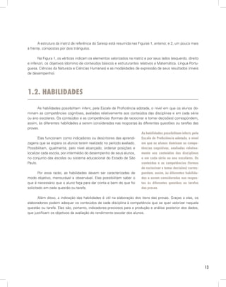 13
A estrutura da matriz de referência do Saresp está resumida nas Figuras 1, anterior, e 2, um pouco mais
à frente, compostas por dois triângulos.
Na Figura 1, os vértices indicam os elementos valorizados na matriz e por seus lados (esquerdo, direito
e inferior), os objetivos (domínio de conteúdos básicos e estruturantes relativos a Matemática, Língua Portu-
guesa, Ciências da Natureza e Ciências Humanas) e as modalidades de expressão de seus resultados (níveis
de desempenho).
1.2. Habilidades
As habilidades possibilitam inferir, pela Escala de Proficiência adotada, o nível em que os alunos do-
minam as competências cognitivas, avaliadas relativamente aos conteúdos das disciplinas e em cada série
ou ano escolares. Os conteúdos e as competências (formas de raciocinar e tomar decisões) correspondem,
assim, às diferentes habilidades a serem consideradas nas respostas às diferentes questões ou tarefas das
provas.
Elas funcionam como indicadores ou descritores das aprendi-
zagens que se espera os alunos terem realizado no período avaliado.
Possibilitam, igualmente, pelo nível alcançado, ordenar posições e
localizar cada escola, por intermédio do desempenho de seus alunos,
no conjunto das escolas ou sistema educacional do Estado de São
Paulo.
Por essa razão, as habilidades devem ser caracterizadas de
modo objetivo, mensurável e observável. Elas possibilitam saber o
que é necessário que o aluno faça para dar conta e bem do que foi
solicitado em cada questão ou tarefa.
Além disso, a indicação das habilidades é útil na elaboração dos itens das provas. Graças a elas, os
elaboradores podem adequar os conteúdos de cada disciplina à competência que se quer valorizar naquela
questão ou tarefa. Elas são, portanto, indicadores preciosos para a produção e análise posterior dos dados,
que justificam os objetivos da avaliação do rendimento escolar dos alunos.
As habilidades possibilitam inferir, pela
Escala de Proficiência adotada, o nível
em que os alunos dominam as compe-
tências cognitivas, avaliadas relativa-
mente aos conteúdos das disciplinas
e em cada série ou ano escolares. Os
conteúdos e as competências (formas
de raciocinar e tomar decisões) corres-
pondem, assim, às diferentes habilida-
des a serem consideradas nas respos-
tas às diferentes questões ou tarefas
das provas.
 