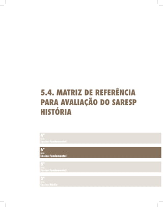 4ª
série
Ensino Fundamental
8ª
série
Ensino Fundamental
3ª
série
Ensino Médio
6ª
série
Ensino Fundamental
5.4. Matriz de Referência
para Avaliação do Saresp
História
 