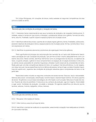 23
Em Língua Portuguesa, em situações de leitura, serão avaliadas as seguintes competências de área
comuns a todas as séries:
Tema 1
Reconstrução das condições de produção e recepção de textos.
CA 1 – Interpretar textos relacionando-os aos seus contextos de produção e de recepção (interlocutores, fi-
nalidade, espaço e tempo em que ocorre a interação), considerando fatores como gênero, formato do texto,
tema, assunto, finalidade, suporte original e espaços próprios de circulação social.
CA 1.1. Identificar esferas discursivas, suportes de circulação original, gêneros, temas, finalidades, público-alvo,
possíveis objetivos de produção e leitura, espaços próprios de circulação social, formas, constituintes e recur-
sos expressivos em textos.
CA 1.2. Identificar os possíveis elementos constitutivos da organização interna dos gêneros.
Parte significativa do processo de (re)construção dos sentidos de um texto está diretamente relacio-
nada à percepção de suas condições de produção, que permite ao leitor situá-lo adequadamente como um
evento discursivo. Nesse sentido, identificar elementos como os protagonistas do discurso, os objetivos do
texto, o suporte utilizado, o gênero (e seus componentes) e os espaços de circulação envolvidos no discurso,
os valores sociais associados às variantes linguísticas utilizadas é parte essencial da compreensão do texto.
Razão pela qual uma das competências básicas do leitor, em qualquer nível de proficiência, é a de resgatar,
com base nas suas marcas específicas (como os dêiticos de pessoa, tempo e lugar, as determinações linguís-
ticas do suporte etc.), aspectos das condições de produção relevantes para a compreensão do texto ou de
parte dele.
Neste bloco estão incluídos os seguintes conteúdos de estudo da área: Discurso, texto e textualidade.
Gêneros discursivos: conceituação, classificação, transformação e representação histórica. Os vários suportes
de textos. Os gêneros e os princípios tecnológicos de informação e comunicação. Natureza e função dos tex-
tos. O ponto de vista do autor/leitor. O discurso e seu contexto de produção: jogo de imagens, historicidade
e lugar social. Condições de produção, circulação e recepção. Os agentes específicos do discurso escrito
(autores, editores, livreiros, tipógrafos, críticos, leitores).
Tema 2
Reconstrução dos sentidos do texto.
CA 2 – Recuperar informações em textos.
CA 2.1. Inferir tema ou assunto principal do texto.
CA 2.2. Identificar o sentido de vocábulos ou expressões, selecionando a acepção mais adequada ao contexto
em que estão inseridos.
 