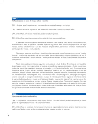 26
Tema 5
Reflexão sobre os usos da língua falada e escrita.
CA 5 – Analisar fatos linguísticos para compreender os usos da linguagem em textos.
CA 5.1. Identificar marcas linguísticas que evidenciam o locutor e o interlocutor de um texto.
CA 5.2. Identificar, em textos, marcas de uso de variação linguística.
CA 5.3. Identificar aspectos morfossintáticos e semânticos nos usos da língua.
A adequada (re)construção dos sentidos de um texto, e em especial a sua leitura crítica, pressupõem
a capacidade do leitor de perceber e analisar aspectos linguísticos [e/ou semióticos] próprios de sua orga-
nização, como a seleção lexical, o uso dos modos e tempos verbais, os recursos sintáticos mobilizados na
estruturação das frases, a pontuação etc.
São nesses aspectos semióticos e linguísticos da organização textual que se encontram os “modos
de dizer” próprios de um gênero, de um enunciador, de um determinado contexto histórico-social etc. E
na medida em que esses “modos de dizer” fazem parte dos sentidos do texto, sua apreensão faz parte da
compreensão.
Neste bloco estão previstos os seguintes conteúdos de estudo da área: Gramática da norma-padrão
do português escrito (norma gramatical: sintaxe de concordância, regência, colocação e flexão; convenções
da escrita: escrita das palavras – ortografia, acentuação –, minúsculas/maiúsculas etc.). Gramática textual
(coerência textual, coesão lexical – sinônimo, hiperônimo, repetição etc. – e coesão gramatical – uso dos
conectivos, tempos verbais, pontuação, sequência temporal, relações anafóricas, conectores intervocabula-
res, intersentenciais, interparágrafos etc.). Gramática do estilo (variação linguística, adequação de registro,
variante adequada ao tipo/gênero de texto e à situação de interlocução). Usos e regras do sistema da escrita
(a segmentação de palavras e frases; os sinais de pontuação – o parágrafo, o ponto-final e as marcas do dis-
curso direto etc.). Concepção de norma e variante. Relação língua e cultura. Preconceito linguístico. Norma e
ideologia. Interação, interlocução e contexto. Variante individual, interindividual e social. Variações fonológicas,
morfológicas, sintáticas, semânticas e discursivas. Variação de modalidades: a fala e a escrita. Variação estilís-
tica: graus de formalidade e informalidade. Diacronia e sincronia.
Tema 6
Compreensão de textos literários.
CA 6 – Compreender o texto literário como objeto artístico, cultural e estético gerador de significação e inte-
grador da organização do mundo e da própria identidade.
CA 6.1. Identificar os possíveis elementos constitutivos da organização interna de gêneros literários: contos
tradicionais, fábulas, mitos, lendas, crônicas narrativas, novelas, canções ou poemas.
 