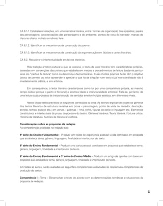 27
CA 6.1.1. Estabelecer relações, em uma narrativa literária, entre: formas de organização dos episódios; papéis
das personagens; caracterizações das personagens e do ambiente; pontos de vista do narrador; marcas de
discurso direto, indireto e indireto livre.
CA 6.1.2. Identificar os mecanismos de construção do poema.
CA 6.1.3. Identificar os mecanismos de construção da argumentação em fábulas e cartas literárias.
CA 6.2. Recuperar a intertextualidade em textos literários.
Pela tradição artístico-cultural a que se associa, o texto de valor literário tem características próprias,
baseadas em convenções discursivas que estabelecem modos e procedimentos de leitura bastante particu-
lares (os “pactos de leitura”, como os denomina a teoria literária). Esses modos próprios de ler têm o objetivo
básico de permitir ao leitor apreender e apreciar o que há de singular num texto cuja intencionalidade não é
imediatamente prática, e sim artística.
Em consequência, o leitor literário caracteriza-se como tal por uma competência própria, ao mesmo
tempo lúdica (porque o pacto é ficcional) e estética (dada a intencionalidade artística). Trata-se, portanto, de
uma leitura cujo processo de (re)construção de sentidos envolve fruição estética, em diferentes níveis.
Neste bloco estão previstos os seguintes conteúdos da área: As teorias explicativas sobre os gêneros
dos textos literários de estrutura narrativa em prosa – personagem, ponto de vista do narrador, descrição,
enredo, tempo, espaço etc.; em versos – poemas – rima, ritmo, figuras de estilo e linguagem etc. Elementos
constitutivos e intertextuais da prosa, da poesia e do teatro. Gêneros literários. Teoria literária. Fortuna crítica.
História da literatura. Autores da literatura lusófona.
Considerações sobre as propostas de redação
As competências avaliadas na redação são:
4ª série do Ensino Fundamental – Produzir um relato de experiência pessoal vivida com base em proposta
que estabelece tema, gênero, linguagem, finalidade e interlocutor do texto.
6ª série do Ensino Fundamental – Produzir uma carta pessoal com base em proposta que estabelece tema,
gênero, linguagem, finalidade e interlocutor do texto.
8ª série do Ensino Fundamental e 3ª série do Ensino Médio – Produzir um artigo de opinião com base em
proposta que estabelece tema, gênero, linguagem, finalidade e interlocutor do texto.
Em todas as séries, serão avaliadas as seguintes competências associadas às respectivas competências de
produção de textos:
Competência I – Tema – Desenvolver o texto de acordo com as determinações temáticas e situacionais da
proposta de redação.
 