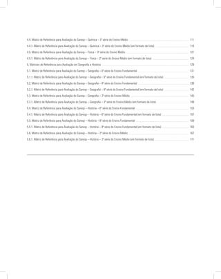 4.4. Matriz de Referência para Avaliação do Saresp – Química – 3ª série do Ensino Médio     111
4.4.1. Matriz de Referência para Avaliação do Saresp – Química – 3ª série do Ensino Médio (em formato de lista)     116
4.5. Matriz de Referência para Avaliação do Saresp – Física – 3ª série do Ensino Médio     121
4.5.1. Matriz de Referência para Avaliação do Saresp – Física – 3ª série do Ensino Médio (em formato de lista)     124
5. Matrizes de Referência para Avaliação em Geografia e História      129
5.1. Matriz de Referência para Avaliação do Saresp – Geografia – 6ª série do Ensino Fundamental     131
5.1.1. Matriz de Referência para Avaliação do Saresp – Geografia – 6ª série do Ensino Fundamental (em formato de lista)     135
5.2. Matriz de Referência para Avaliação do Saresp – Geografia – 8ª série do Ensino Fundamental     139
5.2.1. Matriz de Referência para Avaliação do Saresp – Geografia – 8ª série do Ensino Fundamental (em formato de lista)     142
5.3. Matriz de Referência para Avaliação do Saresp – Geografia – 3ª série do Ensino Médio     145
5.3.1. Matriz de Referência para Avaliação do Saresp – Geografia – 3ª série do Ensino Médio (em formato de lista)     149
5.4. Matriz de Referência para Avaliação do Saresp – História – 6ª série do Ensino Fundamental     153
5.4.1. Matriz de Referência para Avaliação do Saresp – História – 6ª série do Ensino Fundamental (em formato de lista)     157
5.5. Matriz de Referência para Avaliação do Saresp – História – 8ª série do Ensino Fundamental     159
5.5.1. Matriz de Referência para Avaliação do Saresp – História – 8ª série do Ensino Fundamental (em formato de lista)     163
5.6. Matriz de Referência para Avaliação do Saresp – História – 3ª série do Ensino Médio     167
5.6.1. Matriz de Referência para Avaliação do Saresp – História – 3ª série do Ensino Médio (em formato de lista)     171
 