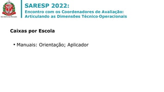 Caixas por Escola
• Manuais: Orientação; Aplicador
 
