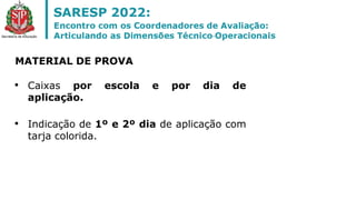 • Caixas por escola e por dia de
aplicação.
• Indicação de 1º e 2º dia de aplicação com
tarja colorida.
MATERIAL DE PROVA
 