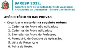 • Organizar o material na seguinte ordem:
1. Cadernos de Prova não utilizados;
2. Cadernos de Prova utilizados;
3. Exemplar da Prova do Professor;
4. Formulário de Controle de Aplicação;
5. Lista de Presença e
6. Folha de Rosto.
APÓS O TÉRMINO DAS PROVAS
 