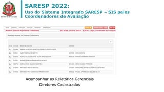 Acompanhar os Relatórios Gerenciais
Diretores Cadastrados
 