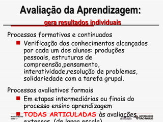 Processos formativos e continuados Verificação dos conhecimentos alcançados por cada um dos alunos: produções pessoais, estruturas de compreensão,pensamento, interatividade,resolução de problemas, solidariedade com a tarefa grupal. Processos avaliativos formais  Em etapas intermediárias ou finais do processo ensino aprendizagem  TODAS ARTICULADAS  às avaliações externas  (de larga escala). Avaliação da Aprendizagem:  gera resultados individuais 