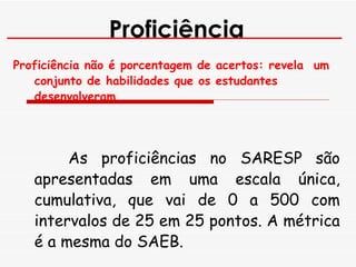 Proficiência não é porcentagem de acertos: revela  um conjunto de habilidades que os estudantes  desenvolveram.  As proficiências no SARESP são apresentadas em uma escala única, cumulativa, que vai de 0 a 500 com intervalos de 25 em 25 pontos. A métrica é a mesma do SAEB. Proficiência 