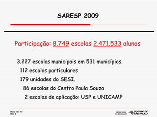 3.227 escolas municipais em 531 municípios. 112 escolas particulares 179 unidades do SESI. 86 escolas do Centro Paula Souza 2 escolas de aplicação: USP e UNICAMP Participação:  8.749  escolas  2.471.533  alunos  SARESP 2009 