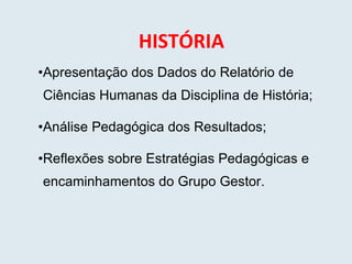 HISTÓRIA Apresentação dos Dados do Relatório de Ciências Humanas da Disciplina de História; Análise Pedagógica dos Resultados; Reflexões sobre Estratégias Pedagógicas e encaminhamentos do Grupo Gestor. 