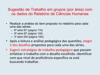 Sugestão de Trabalho em grupos (por área) com os dados do Relatório de Ciências Humanas Realizar a análise do item proposto no relatório para cada uma das séries: 6ª série EF (página 110) 8ª série EF (página 135) 3ª série EM (página 193); Após a leitura e análise pedagógica das questões,  eleger 2 dos desafios  propostos para cada uma das séries.  Sugerir estratégias de trabalho pedagógico  que possam enfatizar o trabalho com o desafio escolhido. Identificar com que nível de proficiência específico se está buscando trabalhar. 