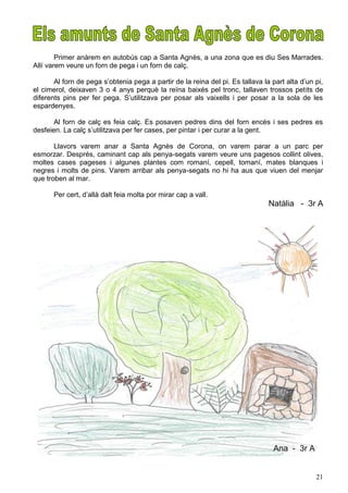 Primer anàrem en autobús cap a Santa Agnès, a una zona que es diu Ses Marrades.
Allí varem veure un forn de pega i un forn de calç.

       Al forn de pega s’obtenia pega a partir de la reina del pi. Es tallava la part alta d’un pi,
el cimerol, deixaven 3 o 4 anys perquè la reïna baixés pel tronc, tallaven trossos petits de
diferents pins per fer pega. S’utilitzava per posar als vaixells i per posar a la sola de les
espardenyes.

       Al forn de calç es feia calç. Es posaven pedres dins del forn encès i ses pedres es
desfeien. La calç s’utilitzava per fer cases, per pintar i per curar a la gent.

       Llavors varem anar a Santa Agnès de Corona, on varem parar a un parc per
esmorzar. Després, caminant cap als penya-segats varem veure uns pagesos collint olives,
moltes cases pageses i algunes plantes com romaní, cepell, tomaní, mates blanques i
negres i molts de pins. Varem arribar als penya-segats no hi ha aus que viuen del menjar
que troben al mar.

       Per cert, d’allà dalt feia molta por mirar cap a vall.
                                                                                Natàlia - 3r A




                                                                                  Ana - 3r A


                                                                                                21
 