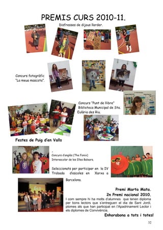 PREMIS CURS 2010-11.
                          Disfresses de dijous llarder.




Concurs fotogràfic
“La meua mascota”.




                                          Concurs “Punt de llibre”
                                         Biblioteca Municipal de Sta.
                                         Eulària des Riu.




Festes de Puig d’en Valls

                     .
                     Concurs d’anglès (The Fonix)
                     Interescolar de les Illes Balears.


                     Seleccionats per participar en la IV
                     Trobada    d’escoles en     Xarxa a

                                Barcelona.

                                                                Premi Marta Mata.
                                                           2n Premi nacional 2010.
                                I com sempre hi ha molts d’alumnes que tenen diploma
                                per bons lectors que s’entreguen el dia de Sant Jordi,
                                plomes als que han participat en l’Apadrinament Lector i
                                els diplomes de Convivència.
                                                          Enhorabona a tots i totes!
                                                                                      32
 