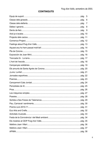 Puig d’en Valls, setembre de 2011.
                                                CONTINGUTS

Equip de suport………………………………………………………………………… pàg. 5
Classe dels girasols……………………………………………………………………. pàg. 6
Classe dels elefants……………………………………………………………………. pàg. 7
Dàlies I geranis...................................................................................................... pàg. 8
Dents de lleó......................................................................................................... pàg. 9
Això ja s’acaba...................................................................................................... pàg. 10
Projecte dels cactus.............................................................................................. pàg. 11
Comenius Project.................................................................................................. pàg. 12
Feelings about Puig d’en Valls.............................................................................. pàg. 13
Aquest any ho hem passat molt bé!...................................................................... pàg. 14
Pla de Corona....................................................................................................... pàg. 15
Exposición de Joan Miró....................................................................................... pàg. 16
Trencada 2n. La terra........................................................................................... pàg. 17
L’hort de l’escola................................................................................................... pàg. 18
Campanyes solidàries........................................................................................... pàg. 19
Els amunts de Santa Agnès de Corona................................................................ pàg. 20
¡Luna, Lunita!........................................................................................................ pàg. 21
Jornades esportives.............................................................................................. pàg. 22
Poemes................................................................................................................. pàg. 23
Campament Cala Jondal....................................................................................... pàg. 24
Periodistes de 4t.................................................................................................... pàg. 25
Proa....................................................................................................................... pàg. 26
Les màquines simples........................................................................................... pàg. 27
Poesies.................................................................................................................. pàg. 28
Sortida a Ses Feixes de Talamanca..................................................................... pàg. 29
Pau, Carnaval i sentiments................................................................................... pàg. 30
Premis curs 2010-11............................................................................................. pàg. 31
Eco Arts and Crafts............................................................................................... pàg. 32
Activitats musicals................................................................................................. pàg. 33
Festa de la Convivència i del Medi ambient.......................................................... pàg. 34
Els mestres al CEIP Puig d’en Valls...................................................................... pàg. 35
Ildefons Joan I Marí............................................................................................... pàg. 36
Ildefons Joan I Marí............................................................................................... pàg. 37
APIMA................................................................................................................... pàg. 38

                                                                                                                                      4
 