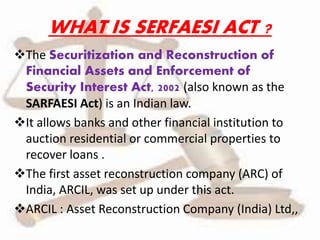 WHAT IS SERFAESI ACT ?
The Securitization and Reconstruction of
Financial Assets and Enforcement of
Security Interest Act, 2002 (also known as the
SARFAESI Act) is an Indian law.
It allows banks and other financial institution to
auction residential or commercial properties to
recover loans .
The first asset reconstruction company (ARC) of
India, ARCIL, was set up under this act.
ARCIL : Asset Reconstruction Company (India) Ltd,,
 