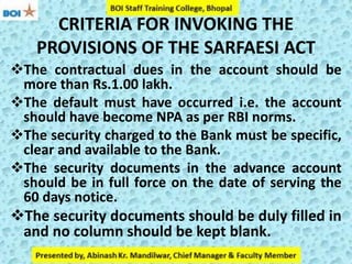 CRITERIA FOR INVOKING THE
PROVISIONS OF THE SARFAESI ACT
The contractual dues in the account should be
more than Rs.1.00 lakh.
The default must have occurred i.e. the account
should have become NPA as per RBI norms.
The security charged to the Bank must be specific,
clear and available to the Bank.
The security documents in the advance account
should be in full force on the date of serving the
60 days notice.
The security documents should be duly filled in
and no column should be kept blank.
 