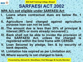 SARFAESI ACT 2002
NPA A/c not eligible under SARFAESI Act
I. Loans where contractual dues are below Rs. 1
lakh,
II. Agriculture land charged against agriculture
purpose loan can not be sold,
III. The amount due is less than 20% of principal &
interest (80% or more already recovered ),
IV. Bank shall not be able to invoke the provision of
the SARFAESI Act, unless the charged is
registered within the time frame with CERSAI.
V. Loan Secured by pledge, lien & by security of
bank deposits,
VI. Limitation has expired as per Limitation act,
VII. Where security is not charged to bank.
 