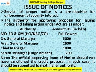 ISSUE OF NOTICES
Service of proper notice is a pre-requisite for
enforcement of security interest.
The authority for approving proposal for issuing
notice and taking action under Act are as under:
Authority Amount Rs. (in lakh)
MD, ED & GM (HO/NBG/ZO) Full Powers
Dy. General Manager 5000
Asst. General Manager 2500
Chief Manager 1000
Senior Manager (Large Branch) 200
Note: The official approving issue of Notice should not
have sanctioned the credit proposal. In such case, it
should be submitted to next higher authority.
 