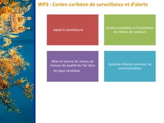 WP3 : Centre caribéen de surveillance et d’alerte
Appel à candidature
Etudes préalables à l’installation
du réseau de capteurs
Mise en œuvre du réseau de
mesure de qualité de l’air dans
les pays candidats
Système d’alerte commun et
communication
 