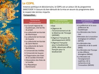 Le COPIL
Instance politique et décisionnaire, le COPIL est un acteur clé du programme
SARG’COOP. Il s’assure du bon déroulé de la mise en œuvre du programme dans
le respect des termes impartis
Composition :
Partenaires
opérationnels
•Le Conseil régional de
Guadeloupe, chef de file
du projet
•La collectivité territoriale
de Martinique
•La collectivité territoriale
de Guyane
•La collectivité territoriale
de Saint-Martin
•La collectivité de Saint-
Barthélemy
•L’Université des Antilles
•L’Université de Guyane
•L’Organisation des Etats
de la Caraïbe Orientale
•L’Association des Etats de
la Caraïbe
•La République
Dominicaine
Les partenaires
financiers du projet
•Etat
•L’Agence de
l’Environnement et de
la Maitrise de l’Energie
(ADEME)
•L’Agence Française de
développement (AFD)
•L’Agence Française
pour la biodiversité
(AFB), désormais office
français pour la
biodiversité
Les partenaires
stratégiques
•La préfecture et la sous-
préfecture de
Guadeloupe
•Le Ministère des Outre-
mer
•Ministère de la transition
écologique et solidaire
(MTES)
•Le Ministère des
solidarités et de la santé
(MSS)
•Le Ministère de l’Europe
et des Affaires
étrangères (MEAE)
•Le Ministère de
l’enseignement
supérieur, de la
recherche et de
l’innovation (MESRI)
 