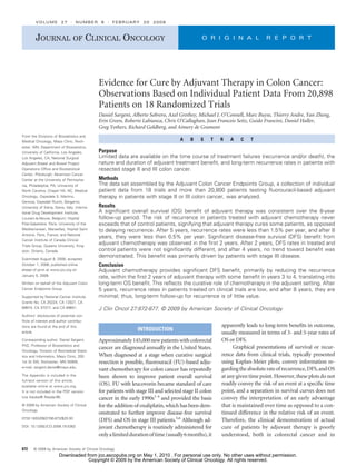VOLUME           27        NUMBER      6    FEBRUARY       20   2009



        JOURNAL OF CLINICAL ONCOLOGY                                                            O R I G I N A L             R E P O R T




                                              Evidence for Cure by Adjuvant Therapy in Colon Cancer:
                                              Observations Based on Individual Patient Data From 20,898
                                              Patients on 18 Randomized Trials
                                              Daniel Sargent, Alberto Sobrero, Axel Grothey, Michael J. O’Connell, Marc Buyse, Thierry Andre, Yan Zheng,
                                              Erin Green, Roberto Labianca, Chris O’Callaghan, Jean Francois Seitz, Guido Francini, Daniel Haller,
                                              Greg Yothers, Richard Goldberg, and Aimery de Gramont
From the Divisions of Biostatistics and
Medical Oncology, Mayo Clinic, Roch-                                                 A    B    S    T   R   A   C    T
ester, MN; Department of Biostatistics,
University of California, Los Angeles,        Purpose
Los Angeles, CA; National Surgical            Limited data are available on the time course of treatment failures (recurrence and/or death), the
Adjuvant Breast and Bowel Project             nature and duration of adjuvant treatment beneﬁt, and long-term recurrence rates in patients with
Operations Ofﬁce and Biostatistical           resected stage II and III colon cancer.
Center, Pittsburgh; Abramson Cancer
Center at the University of Pennsylva-        Methods
nia, Philadelphia, PA; University of          The data set assembled by the Adjuvant Colon Cancer Endpoints Group, a collection of individual
North Carolina, Chapel Hill, NC; Medical      patient data from 18 trials and more than 20,800 patients testing ﬂuorouracil-based adjuvant
Oncology, Ospedale S. Martino,                therapy in patients with stage II or III colon cancer, was analyzed.
Genova; Ospedali Riuniti, Bergamo;
University of Siena, Siena, Italy; Interna-   Results
tional Drug Development Institute,            A signiﬁcant overall survival (OS) beneﬁt of adjuvant therapy was consistent over the 8-year
Louvain-la-Neuve, Belgium; Hopital            follow-up period. The risk of recurrence in patients treated with adjuvant chemotherapy never
Pitie-Salpetiere, Paris; University of the    exceeds that of control patients, signifying that adjuvant therapy cures some patients, as opposed
Mediterranean, Marseilles; Hopital Saint      to delaying recurrence. After 5 years, recurrence rates were less than 1.5% per year, and after 8
Antoine, Paris, France; and National
                                              years, they were less than 0.5% per year. Signiﬁcant disease-free survival (DFS) beneﬁt from
Cancer Institute of Canada Clinical
Trials Group, Queens University, King-
                                              adjuvant chemotherapy was observed in the ﬁrst 2 years. After 2 years, DFS rates in treated and
ston, Ontario, Canada.                        control patients were not signiﬁcantly different, and after 4 years, no trend toward beneﬁt was
Submitted August 8, 2008; accepted
                                              demonstrated. This beneﬁt was primarily driven by patients with stage III disease.
October 1, 2008; published online             Conclusion
ahead of print at www.jco.org on              Adjuvant chemotherapy provides signiﬁcant DFS beneﬁt, primarily by reducing the recurrence
January 5, 2009.
                                              rate, within the ﬁrst 2 years of adjuvant therapy with some beneﬁt in years 3 to 4, translating into
Written on behalf of the Adjuvant Colon       long-term OS beneﬁt. This reﬂects the curative role of chemotherapy in the adjuvant setting. After
Cancer Endpoints Group.                       5 years, recurrence rates in patients treated on clinical trials are low, and after 8 years, they are
Supported by National Cancer Institute        minimal; thus, long-term follow-up for recurrence is of little value.
Grants No. CA 25224, CA 12027, CA
69974, CA 37377, and CA 69651.                J Clin Oncol 27:872-877. © 2009 by American Society of Clinical Oncology
Authors’ disclosures of potential con-
ﬂicts of interest and author contribu-
tions are found at the end of this                                                                      apparently leads to long-term beneﬁts in outcome,
                                                                INTRODUCTION
article.                                                                                                usually measured in terms of 3- and 5-year rates of
Corresponding author: Daniel Sargent,         Approximately 145,000 new patients with colorectal        OS or DFS.
PhD, Professor of Biostatistics and
                                              cancer are diagnosed annually in the United States.            Graphical presentations of survival or recur-
Oncology, Division of Biomedical Statis-
tics and Informatics, Mayo Clinic, 200        When diagnosed at a stage when curative surgical          rence data from clinical trials, typically presented
1st St SW, Rochester, MN 55905;               resection is possible, ﬂuorouracil (FU)-based adju-       using Kaplan-Meier plots, convey information re-
e-mail: sargent.daniel@mayo.edu.
                                              vant chemotherapy for colon cancer has repeatedly         garding the absolute rate of recurrence, DFS, and OS
The Appendix is included in the               been shown to improve patient overall survival            at any given time point. However, these plots do not
full-text version of this article,
available online at www.jco.org.
                                              (OS). FU with leucovorin became standard of care          readily convey the risk of an event at a speciﬁc time
It is not included in the PDF version         for patients with stage III and selected stage II colon   point, and a separation in survival curves does not
(via Adobe® Reader®).                         cancer in the early 1990s1-4 and provided the basis       convey the interpretation of an early advantage
© 2009 by American Society of Clinical        for the addition of oxaliplatin, which has been dem-      that is maintained over time as opposed to a con-
Oncology
                                              onstrated to further improve disease-free survival        tinued difference in the relative risk of an event.
0732-183X/09/2706-872/$20.00
                                              (DFS) and OS in stage III patients.5,6 Although ad-       Therefore, the clinical demonstration of actual
DOI: 10.1200/JCO.2008.19.5362                 juvant chemotherapy is routinely administered for         cure of patients by adjuvant therapy is poorly
                                              only a limited duration of time (usually 6 months), it    understood, both in colorectal cancer and in

872    © 2009 by American Society of Clinical Oncology
                        Downloaded from jco.ascopubs.org on May 1, 2010 . For personal use only. No other uses without permission.
                                    Copyright © 2009 by the American Society of Clinical Oncology. All rights reserved.
 