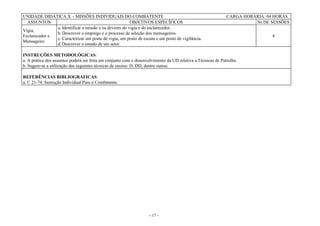 - 17 -
UNIDADE DIDÁTICA X – MISSÕES INDIVIDUAIS DO COMBATENTE CARGA HORÁRIA: 04 HORAS
ASSUNTOS OBJETIVOS ESPECÍFICOS Nr DE SESSÕES
Vigia,
Esclarecedor e
Mensageiro
a. Identificar a missão e os deveres do vigia e do esclarecedor.
b.Descrever o emprego e o processo de seleção dos mensageiros.
c. Caracterizar um posto de vigia, um posto de escuta e um posto de vigilância.
d.Descrever o estudo de um setor.
4
INSTRUÇÕES METODOLÓGICAS:
a. A prática dos assuntos poderá ser feita em conjunto com o desenvolvimento da UD relativa a Técnicas de Patrulha.
b. Sugere-se a utilização das seguintes técnicas de ensino: D, DD, dentre outras.
REFERÊNCIAS BIBLIOGRÁFICAS:
a. C 21-74: Instrução Individual Para o Combatente.
 