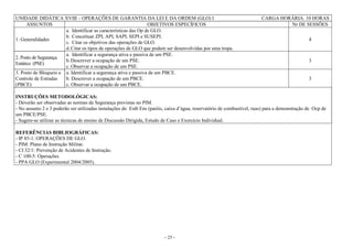 - 25 -
UNIDADE DIDÁTICA XVIII – OPERAÇÕES DE GARANTIA DA LEI E DA ORDEM (GLO) I CARGA HORÁRIA: 10 HORAS
ASSUNTOS OBJETIVOS ESPECÍFICOS Nr DE SESSÕES
1. Generalidades
a. Identificar as características das Op de GLO.
b. Conceituar ZPI, API, SAPI, SEPI e SUSEPI.
c. Citar os objetivos das operações de GLO.
d.Citar os tipos de operações de GLO que podem ser desenvolvidas por uma tropa.
4
2. Posto de Segurança
Estático (PSE)
a. Identificar a segurança ativa e passiva de um PSE.
b.Descrever a ocupação de um PSE.
c. Observar a ocupação de um PSE.
3
3. Posto de Bloqueio e
Controle de Estradas
(PBCE)
a. Identificar a segurança ativa e passiva de um PBCE.
b. Descrever a ocupação de um PBCE.
c. Observar a ocupação de um PBCE.
3
INSTRUÇÕES METODOLÓGICAS:
- Deverão ser observadas as normas de Segurança previstas no PIM.
- No assunto 2 e 3 poderão ser utilizadas instalações do Estb Ens (paióis, caixa d’água, reservatório de combustível, ruas) para a demonstração de Ocp de
um PBCE/PSE.
- Sugere-se utilizar as técnicas de ensino de Discussão Dirigida, Estudo de Caso e Exercício Individual.
REFERÊNCIAS BIBLIOGRÁFICAS:
- IP 85-1: OPERAÇÕES DE GLO.
- PIM: Plano de Instrução Militar.
- CI 32/1: Prevenção de Acidentes de Instrução.
- C 100-5: Operações.
- PPA GLO (Experimental 2004/2005).
 