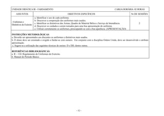 - 32 -
UNIDADE DIDÁTICA III – FARDAMENTO CARGA HORÁRIA: 02 HORAS
ASSUNTOS OBJETIVOS ESPECÍFICOS Nr DE SESSÕES
- Uniformes e
Distintivos do Exército
a. Identificar o uso de cada uniforme.
b. Descrever a composição dos uniformes mais usados.
c. Identificar os distintivos das Armas, Quadro de Material Bélico e Serviço de Intendência.
d. Descrever os cuidados a serem tomados para uma boa apresentação do uniforme.
e. Utilizar corretamente os uniformes, preocupando-se com a boa aparência. (APRESENTAÇÃO)
2
INSTRUÇÕES METODOLÓGICAS:
a. Deverão ser apresentados aos discentes os uniformes e distintivos mais usados.
b. O aluno deve ser orientado e exigido a fardar-se com esmero. Em conjunto com a disciplina Ordem Unida, deve ser desenvolvido o atributo
apresentação.
c. Sugere-se a utilização das seguintes técnicas de ensino: D e DD, dentre outras.
REFERÊNCIAS BIBLIOGRÁFICAS:
a. R – 124: Regulamento de Uniformes do Exército.
b. Manual do Período Básico.
 