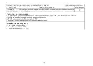 - 33 -
UNIDADE DIDÁTICA IV – SEGURANÇA NA INSTRUÇÃO E NO SERVIÇO CARGA HORÁRIA: 02 HORAS
ASSUNTOS OBJETIVOS ESPECÍFICOS Nr DE SESSÕES
- Segurança na
Instrução e no Serviço
- Compreender as normas gerais de segurança, visando à prevenção de acidentes na instrução militar e
no serviço de escala.
2
INSTRUÇÕES METODOLÓGICAS:
a. Os slides e filmes, quando não forem disponíveis, poderão ser produzidos pela própria OM, a partir de situações reais ou fictícias.
b. Deverão ser explorados casos reais, ocorridos na instrução e no serviço.
c. Deverão se manuseadas pelos discentes cópias do PIM.
d. Sugere-se a utilização das seguintes técnicas de ensino: DD, dentre outras.
REFERÊNCIAS BIBLIOGRÁFICAS:
a. PIM: Plano de Instrução Militar.
b. Normas Gerais de Ação do OFOR.
c. Caderno de Instrução CI 32/1 e CI 32/2.
 