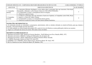 - 51 -
UNIDADE DIDÁTICA III – CAMPANHAS MILITARES BRASILEIRAS NO SÉCULO XIX CARGA HORÁRIA: 07 HORAS
ASSUNTOS OBJETIVOS ESPECÍFICOS Nr DE SESSÕES
1. Campanhas
Internas
a. Apresentar diferentes abordagens e novas idéias sobre os principais fatos que marcaram a Revolução
Farroupilha, a Balaiada e as Revoluções Liberais de 1842 (CRIATIVIDADE).
b. Compreender as causas e consequências dessas revoluções.
c. Descrever a ação de Caxias.
3
2. Campanhas
Externas
a. Conhecer os principais fatos que marcaram a Guerra da Cisplatina, as Campanhas contra Oribe, Rosas
e Aguirre e a Guerra da Tríplice Aliança.
b. Compreender as causas e as consequências dessas guerras.
c. Descrever as ações de Caxias e de outros heróis militares brasileiros.
4
INSTRUÇÕES METODOLÓGICAS:
a. Os instruendos deverão ser estimulados a pesquisarem, anteriormente, sobre os métodos utilizados no estudo da História, para que, durante a
instrução, a discussão dirigida seja mais proveitosa.
b. Os slides poderão ser confeccionados pela própria OM, a partir de livros de História ou outras publicações relativas aos assuntos.
c. Sugere-se a utilização das técnicas de ensino: DD, dentre outras atividades.
REFERÊNCIAS BIBLIOGRÁFICAS:
a. Ministério do Exército. EME. História do Exército Brasileiro – Perfil Militar de um Povo. Brasília, IBGE, 1972.
b. Ministério do Exército. BIBLIEX. Catálogo de Publicações. Rio de Janeiro, RJ.
c. Ministério do Exército. AMAN. Publicações da Cadeira de História Militar. Resende.
d. CAMPOS, Raymundo. História do Brasil. SP, Atual,1991.
e. KOSHIBA, Luiz e PEREIRA, Denize Manzi Frayze. História do Brasil. SP, Atual, 1993.
f. SILVA, Francisco de Assis. História do Brasil. SP, Moderna, 1992.
 