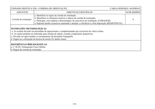 - 64 -
UNIDADE DIDÁTICA VIII – CORRIDA DE ORIENTAÇÃO CARGA HORÁRIA: 04 HORAS
ASSUNTOS OBJETIVOS ESPECÍFICOS NrDESESSÕES
- Corrida de orientação
a. Identificar as regras da corrida de orientação.
b. Identificar os elementos técnicos e táticos da corrida de orientação.
c. Participar, com audácia e determinação, de uma prova de orientação. (CORAGEM).
e. Suportar tarefas exaustivas mantendo a atenção, a eficiência e a boa disposição (RESISTÊNCIA).
4
INSTRUÇÕES METODOLÓGICAS:
a. As sessões deverão ser precedidas de aquecimento e complementadas por exercícios de volta à calma.
b. As seções poderão ser utilizadas para seleção de atletas, visando competições desportivas.
c. Deverão ser aproveitados os ensinamentos da disciplina Topografia.
d. Sugere-se a utilização da técnica de ensino EI, dentre outras.
REFERÊNCIAS BIBLIOGRÁFICAS:
a. C 20-20: Treinamento Físico Militar.
b. Regras de corrida de orientação
 
