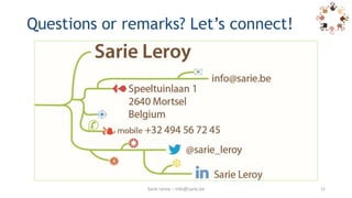 Questions or remarks? Let’s connect!
12Sarie Leroy – info@sarie.be
 