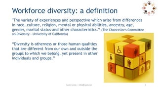 Workforce diversity: a definition
"The variety of experiences and perspective which arise from differences
in race, culture, religion, mental or physical abilities, ancestry, age,
gender, marital status and other characteristics.“ (The Chancellor's Committee
on Diversity – University of California)
4
“Diversity is otherness or those human qualities
that are different from our own and outside the
groups to which we belong, yet present in other
individuals and groups.”
Sarie Leroy – info@sarie.be
 