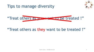 Tips to manage diversity
Sarie Leroy – info@sarie.be 9
“Treat others as you want to be treated !”
“Treat others as they want to be treated !”
 