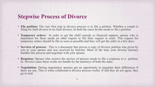 Stepwise Process of Divorce
• File petition: The very first step in divorce process is to file a petition. Whether a coupl...