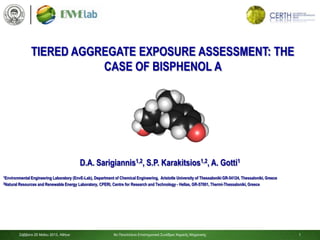 1
TIERED AGGREGATE EXPOSURE ASSESSMENT: THE
CASE OF BISPHENOL A
D.A. Sarigiannis1,2, S.P. Karakitsios1,2, A. Gotti1
1Environmental Engineering Laboratory (EnvE-Lab), Department of Chemical Engineering, Aristotle University of Thessaloniki GR-54124, Thessaloniki, Greece
2Natural Resources and Renewable Energy Laboratory, CPERI, Centre for Research and Technology - Hellas, GR-57001, Thermi-Thessaloniki, Greece
Σάββαηο 25 Μαΐοσ 2013, Αθήνα 9ο Πανελλήνιο Επιζηημονικό Σσνέδριο Χημικής Μητανικής 1
 