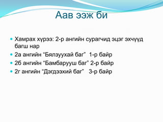 Аав ээж биХамрах хүрээ: 2-р ангийн сурагчид эцэг эхчүүд багш нар2а ангийн “Бялзуухай баг”  1-р байр2б ангийн “Бамбарууш баг” 2-р байр2г ангийн “Дэгдээхий баг”   3-р байр