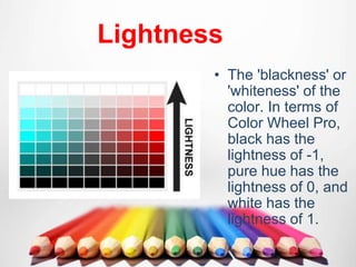 Lightness
• The 'blackness' or
'whiteness' of the
color. In terms of
Color Wheel Pro,
black has the
lightness of -1,
pure hue has the
lightness of 0, and
white has the
lightness of 1.
 